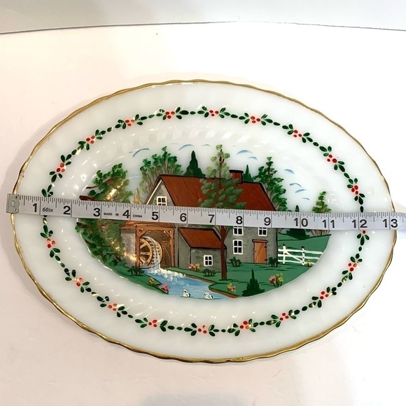 Hand-painted Milk Glass Oval Platter Old Mill Scene 13” x 10” - Picture 3 of 8